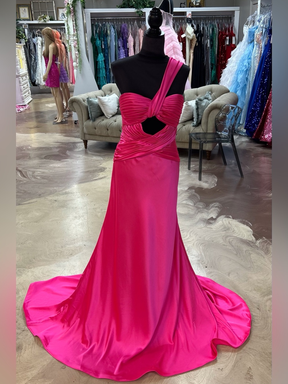 One-Shoulder Hot Pink Prom Gown with Cutout Detail